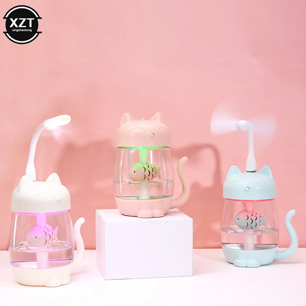 350ML 3 In 1 Cat Air Humidifier With Color LED Light Ultrasonic Adorable Cat Eat Fish Humidificador USB Aroma Diffuser Fogger