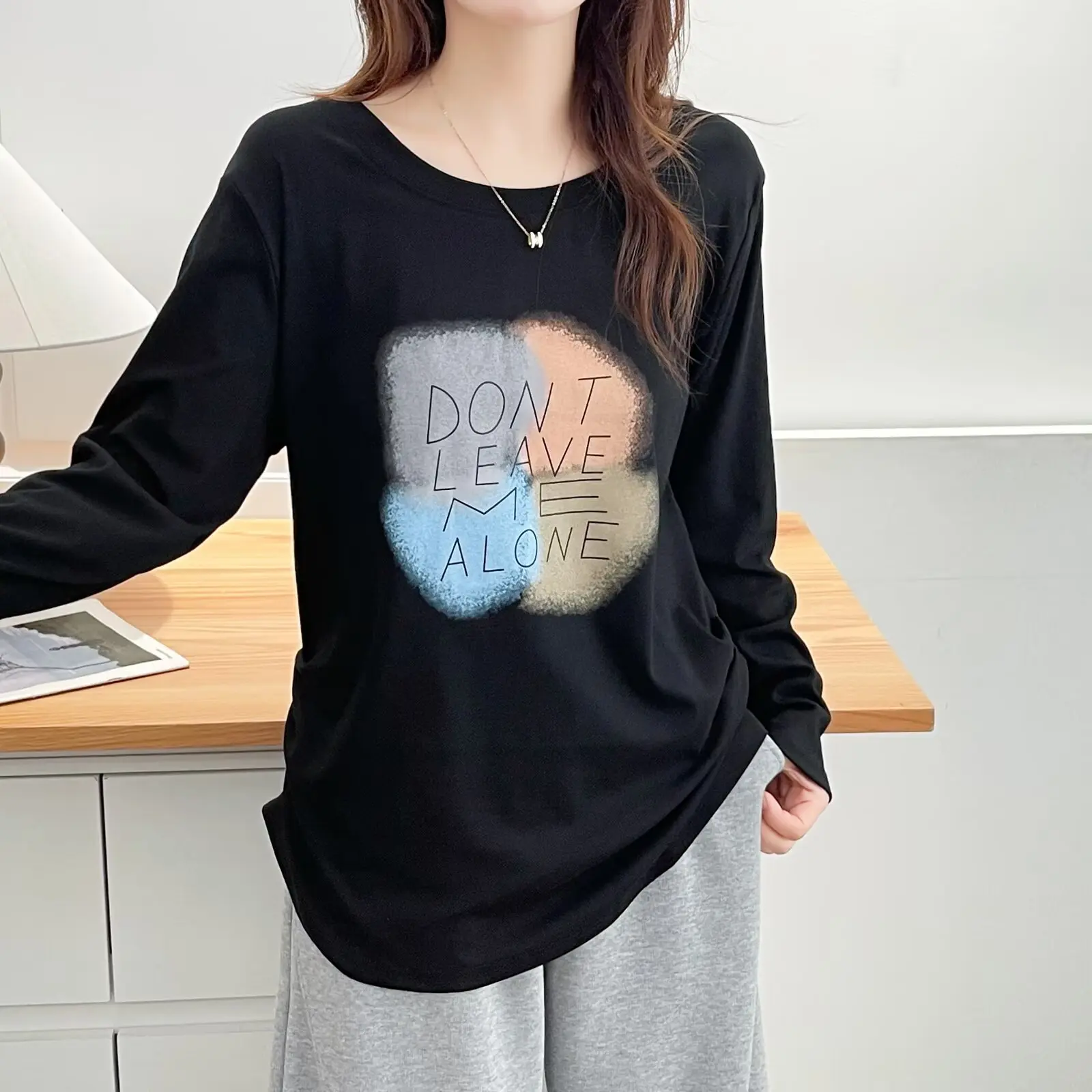 XXXXL Fashion Plus Size Women's T-Shirt Autumn New Simple Pleated Cinched Waist Printed Colorful Printed Long Sleeved Tops 8220