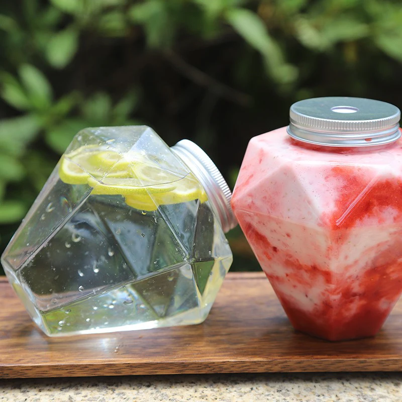 

500ml Transparent Diamond Shaped Bottle Cold Drink Bubble Tea Cup PET Plastic Bottles Disposable Containers