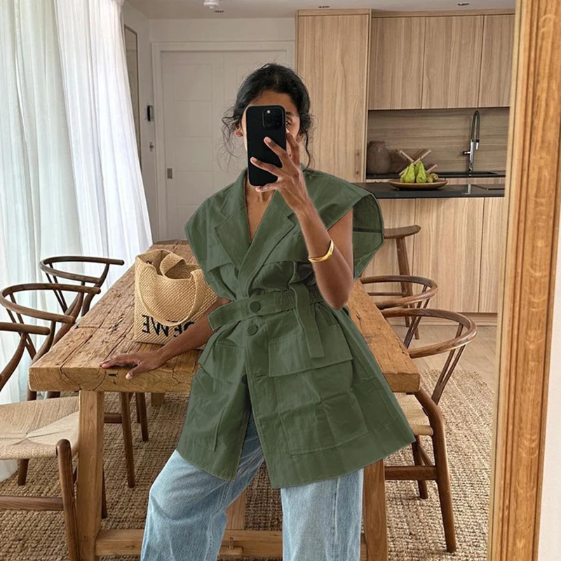 Blusas de mujer de verano sin mangas estilo safari camisas de moda casuales con múltiples bolsillos con cinturón blusas sueltas