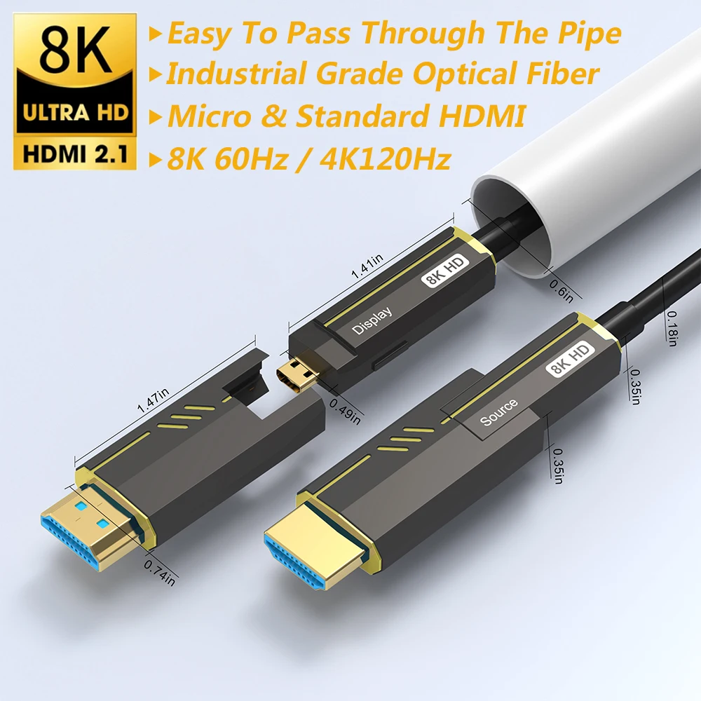 Cabo de Fibra Óptica Hdmi 2.1 8k 60hz 4k 120hz Classe Industrial Compatível com Micro Hdmi Cabeça Removível