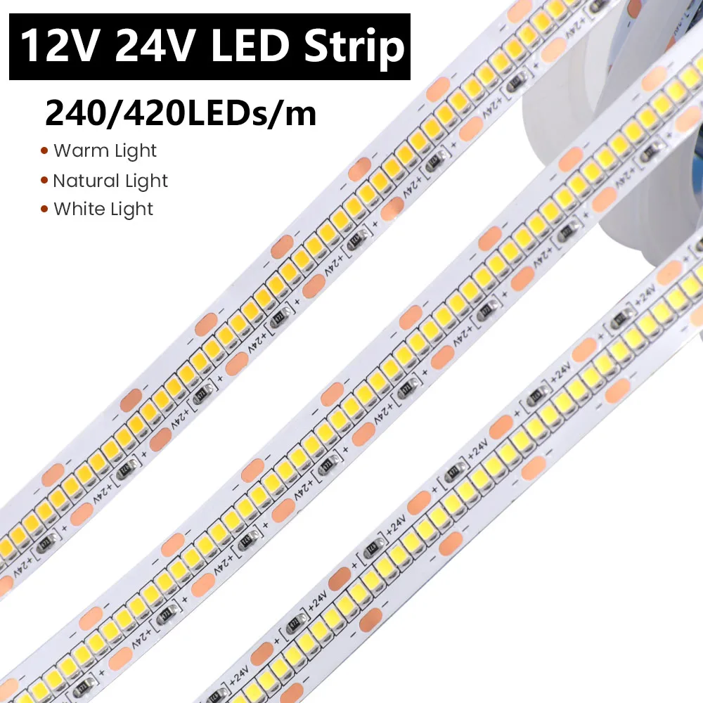 5M 420 312 240LEDs/m LED Strip Lights 12V/24V SMD 2835 2025 Flexible Tape Waterproof LED Light Lamp Cool/Warm/Natural White 5m led strip 2835 smd dc 12v 240leds m 300 600 1200 leds waterproof ip65 flexible ribbon string led tape lights cold warm white