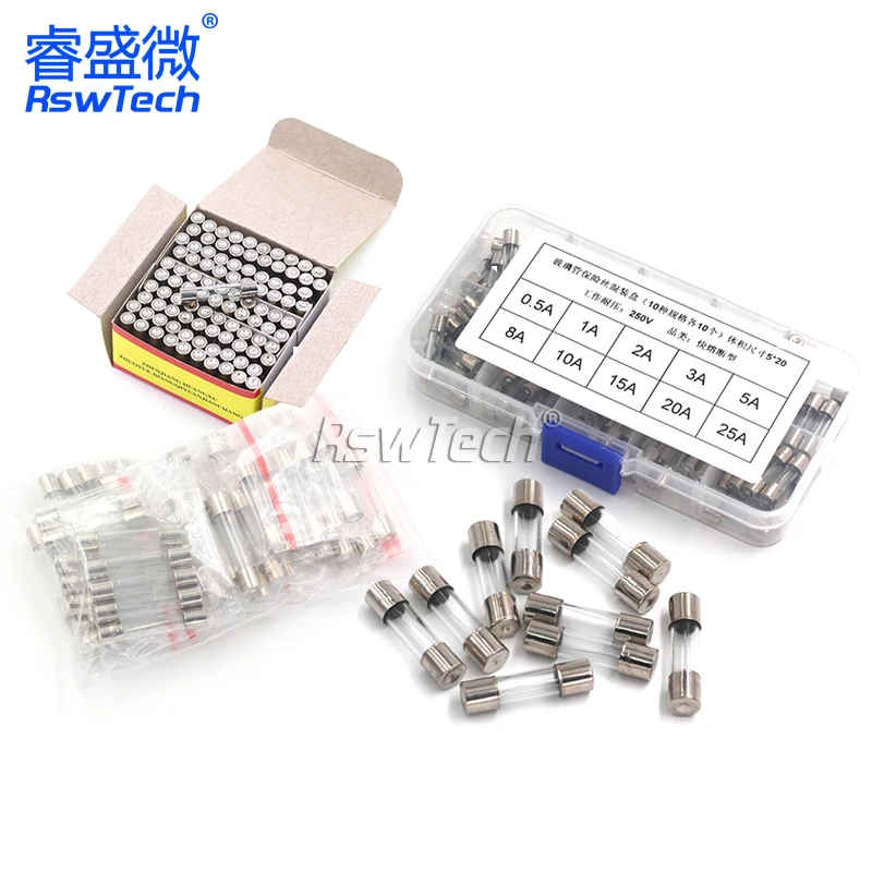 Glass fuse kit 5*20 glass fuse 250V 0.5 1 2 3A 4 5A 6 8 12 20 10A Quick Blow Glass Tube Fuse Assorted Kits Fast-Blow Glass Fuses