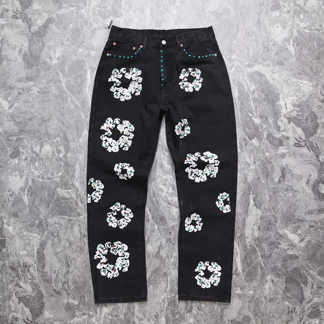 

Heavy Industry Handmade Beaded Jewel Kapok Flower Casual Men Women Jeans Couple Pants
