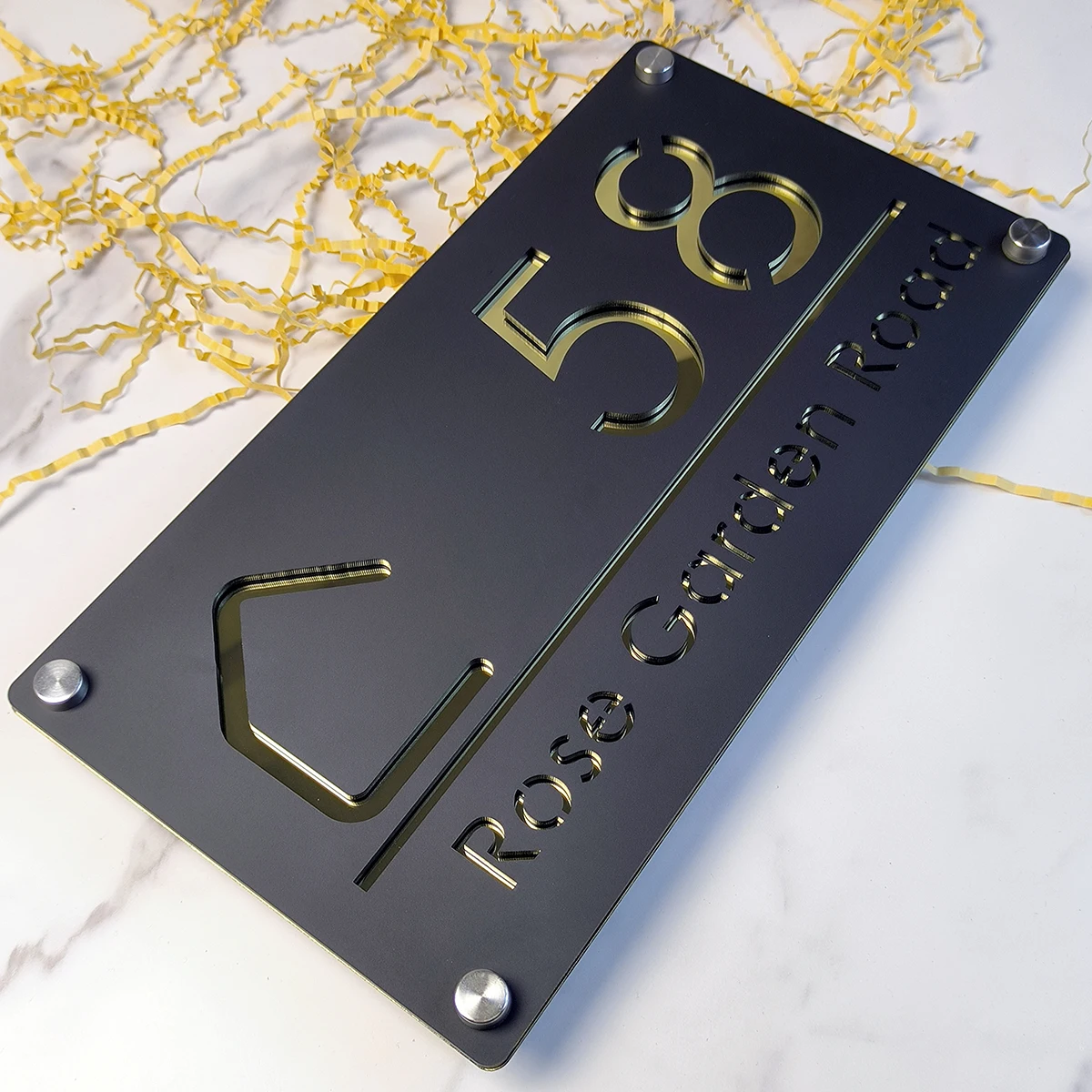 Personalized Custom Matte Black Mirror Silver Double Laser Cut Acrylic House Number Sign Plate Address Name Outdoor House Wall Plaques House Numbers Number Plate