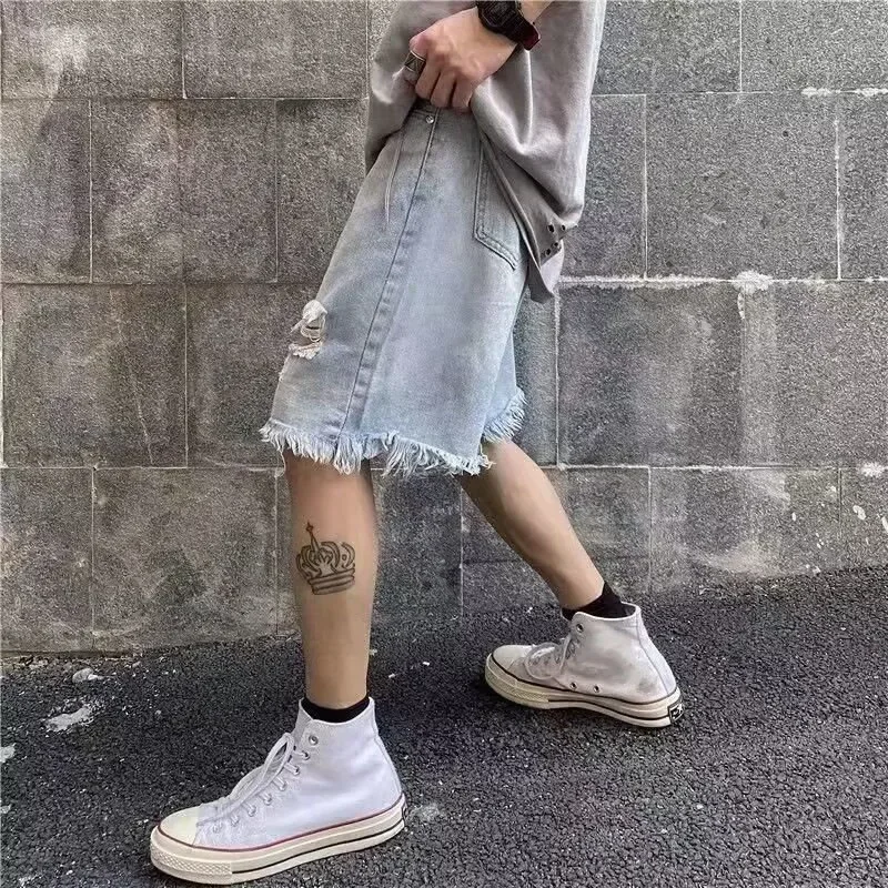 Men Vintage Hollow Out Ripped Design Straight Jean Short Pant For Men Streetwear Trend Spring Summer Fashion Denim Shorts