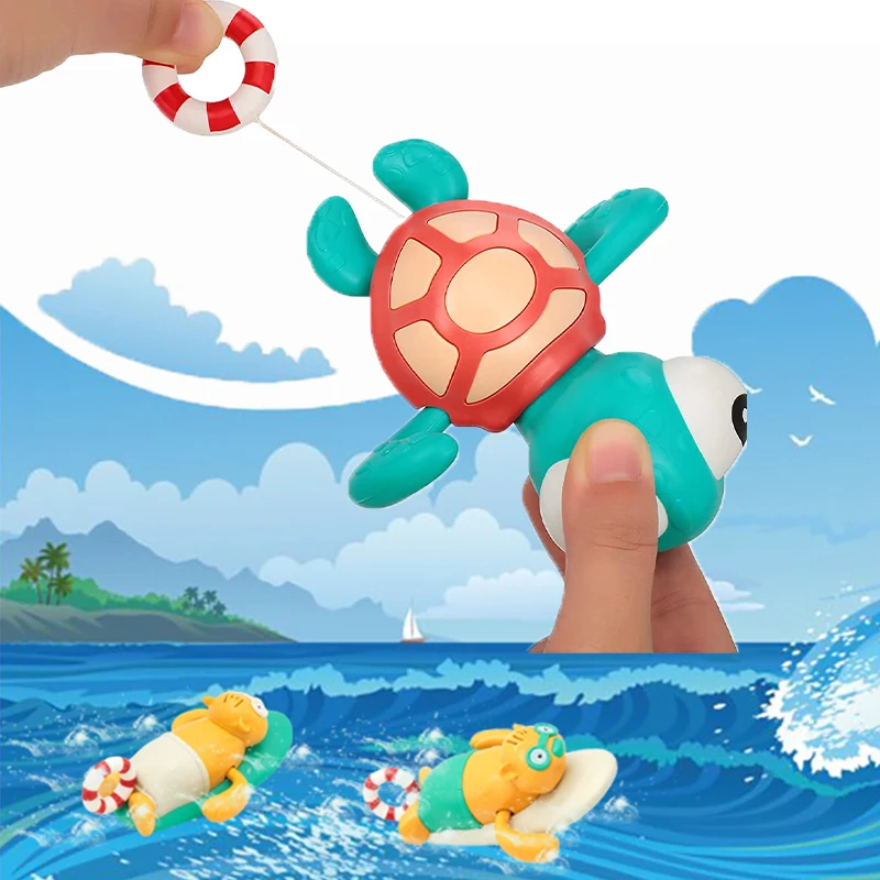 

Pull String Baby Bath Toy Pull Go Sea Turtle Cute Surfing Swimming Beaver Windup Clockwork Bathtub No Battery Needed for Toddler