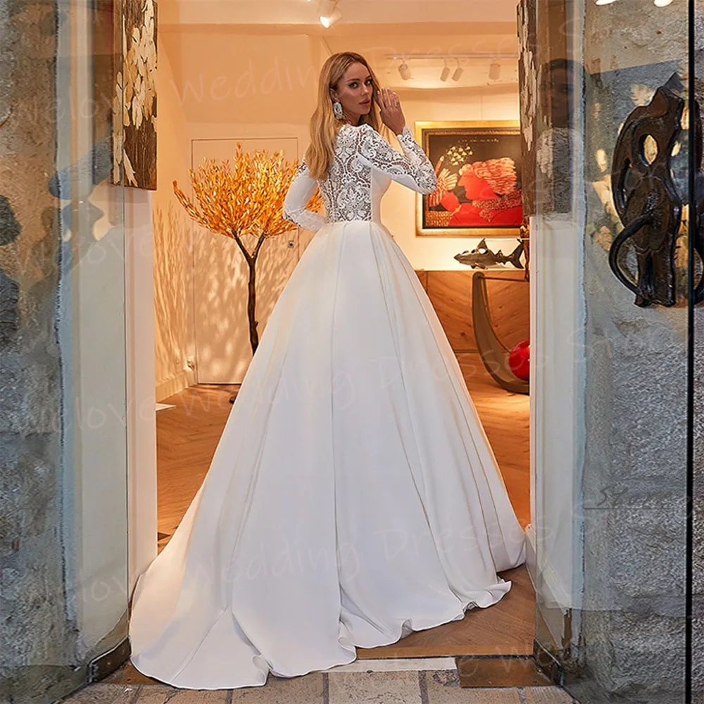 Simple Modern Satin A Line Women's Wedding Dresses Classic O Neck Bride Gowns Lace Appliques Vestidos De Novia Boda Long Sleeve 2