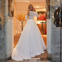 Simple Modern Satin A Line Women's Wedding Dresses Classic O Neck Bride Gowns Lace Appliques Vestidos De Novia Boda Long Sleeve 2