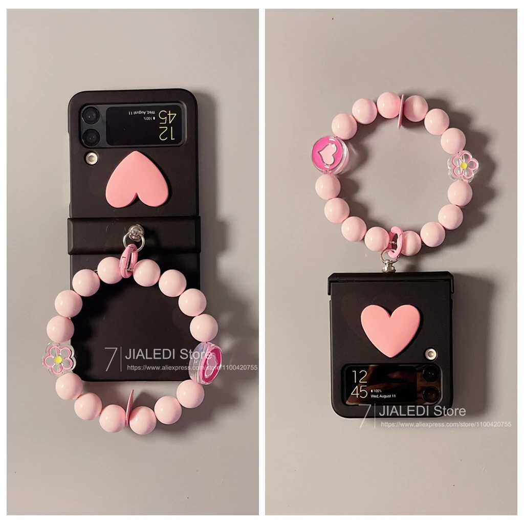 Charming Beaded Bracelet Love Hinge Phone Case with Hand Chain Cover
