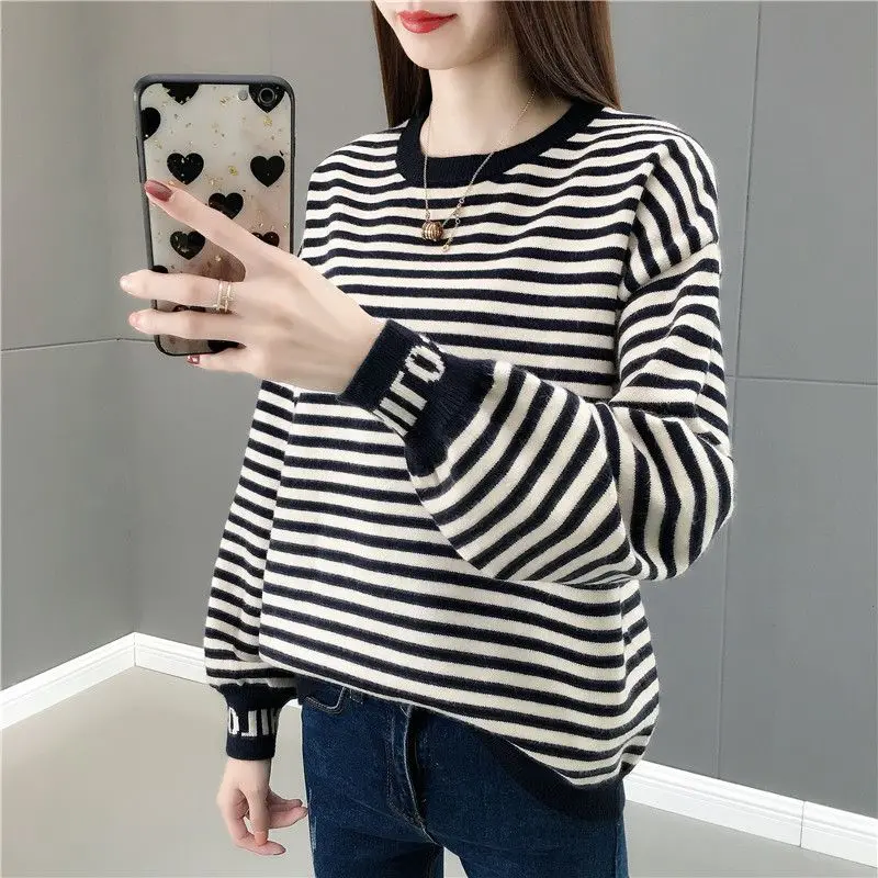 Fashion Letter Knitted Striped Sweatshirts Female Clothing 2023 Autumn Winter New Oversized All-match Tops Casual Sweatshirts