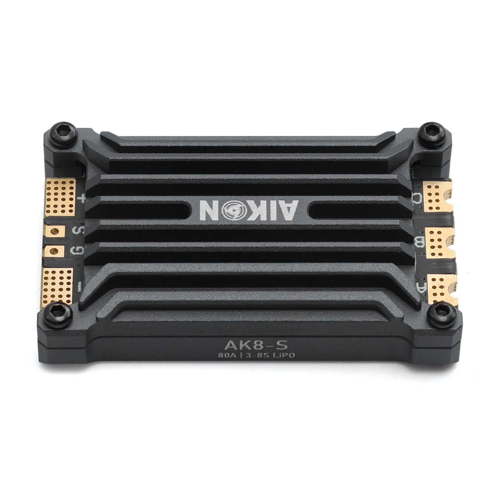 Gros plan sur le AIKON AK8 80A 8S BLHeli_S ESC avec dissipateur en aluminium et câbles de batterie XT60.