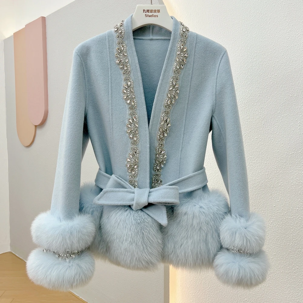 

New 2023 famous korean design Real Fur Coat Natural Fox Fur Collar Cashmere Woolen coats outerwear