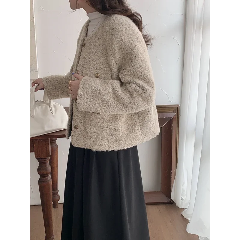 Wool Blended Soft Fragrance Short Woolen Jacket Women's Autumn Winter Slim Basic Simple Casual Small Fragrant Khaki Women's Coat
