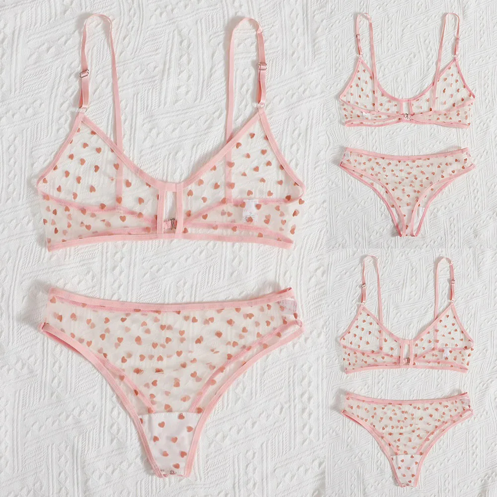 Women Sexy Sheer Lingerie Set Ultra-thin Mesh See-through Erotic Underwear Heart Shape Cute Bra Set Cute Seamless Nightwear