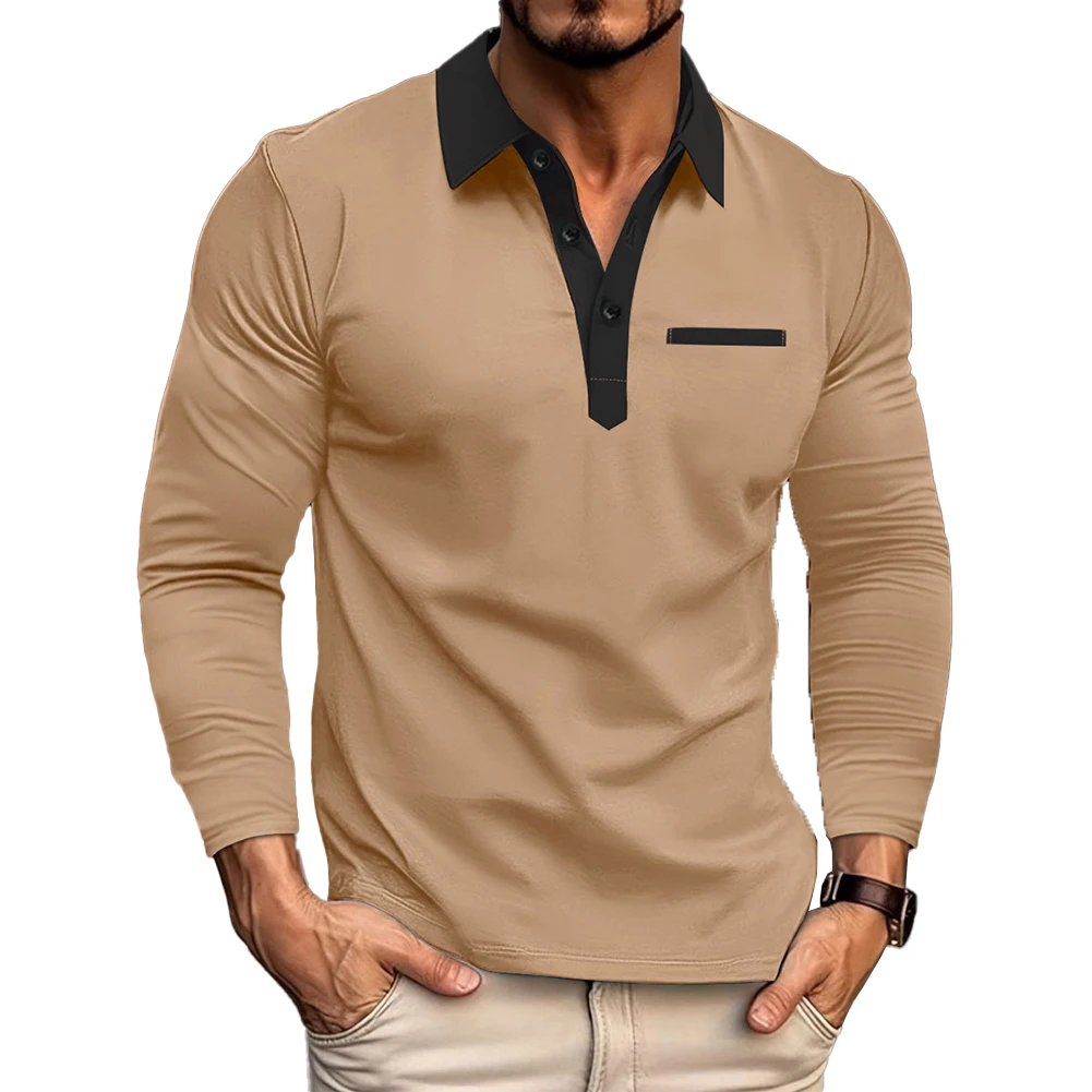 

Autumn T Shirt T Shirt Top Vacation Casual Colorblock Holiday Lapel Long Sleeve Male Men Polyester Slight Stretch