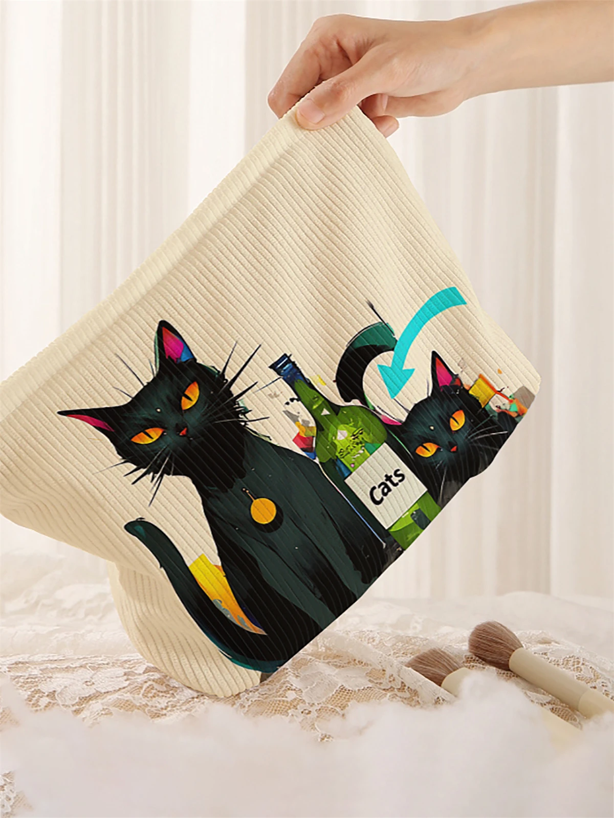 1 cat patterned corduroy makeup bag, lightweight zipper makeup storage box, multifunctional bag with lining