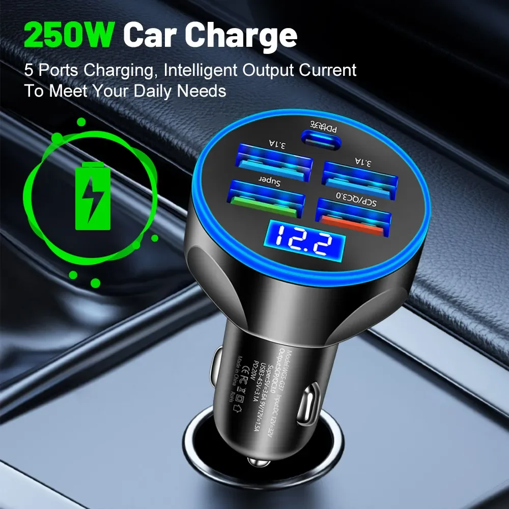 Chargeur de voiture super rapide à affichage numérique LED, USB 5 ports, PD Type C, 250W, Audi Golf, Passat, BMW, fournitures de voiture