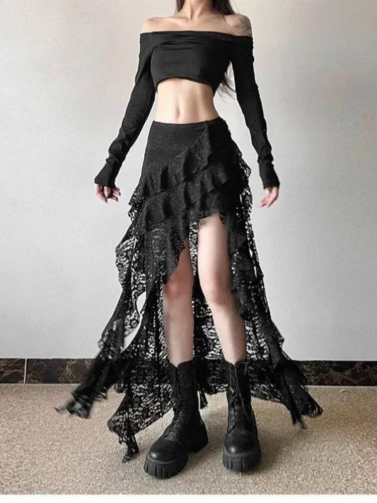 Deeptown Elegant Tulle Ruffle Skirt Women Boho Lace Vintage White Irregular Skirt Korean Style Summer Layered Mid Skirts Street 5