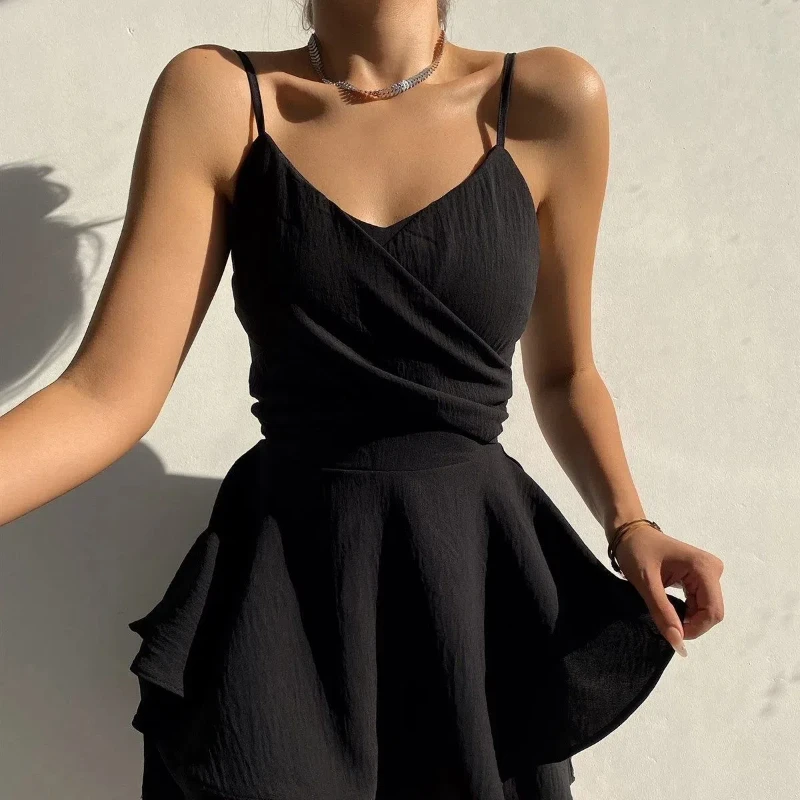 New Y2k Summer Women's Suspender Dress Fashionable and Sexy Back Zipper Solid Color V-neck Culottes Irregular Short Skirt238