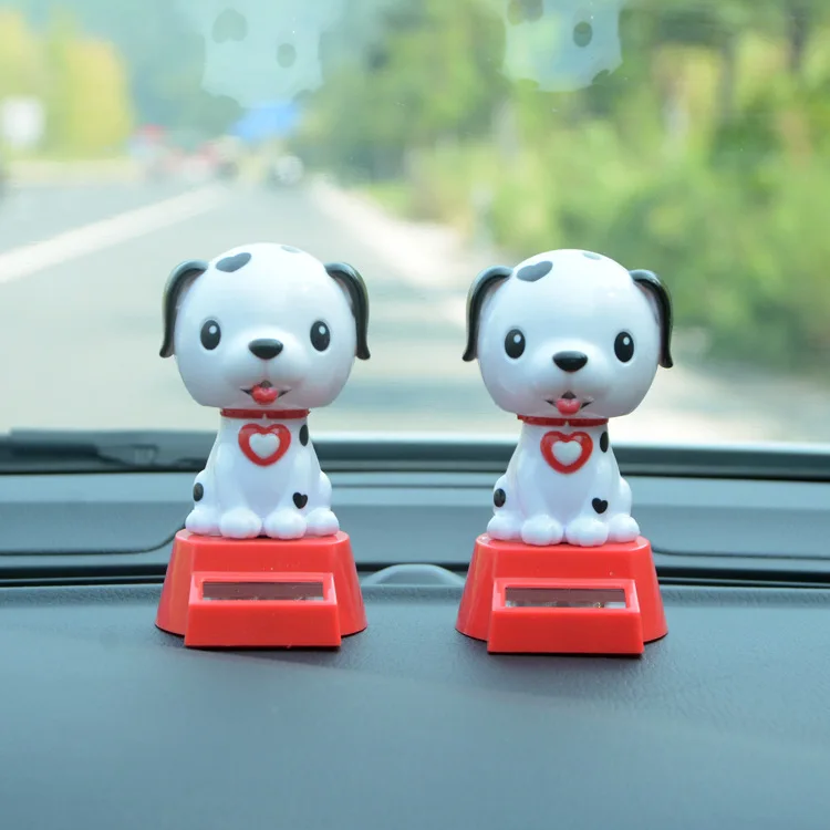 Cute Swinging Spotted Dog Solar Car Ornament Funny Cartoon Love Dog Ornament Car Interior Decoration Desktop Swinging Doll