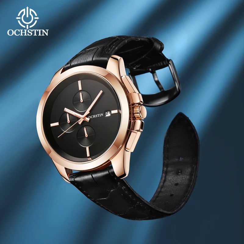 OCHSTIN Multi-functional Quartz Watch Leather Strap All-in-one Calendar Watch Clock Chronograph Quartz Mens Watch