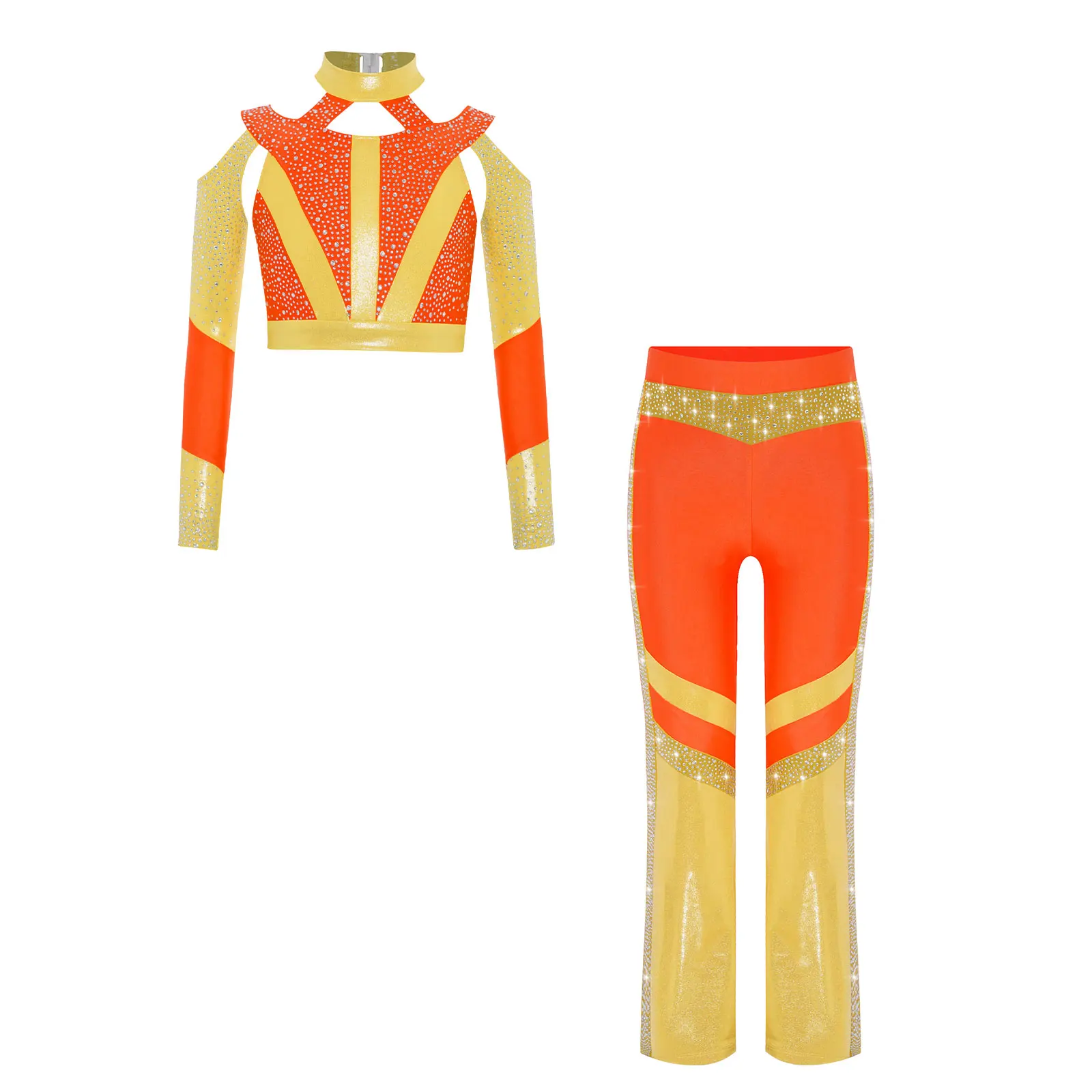 Kinder Mädchen Rhythmische Gymnastik Akrobatik Eiskunstlauf Ballett Jazz Tanzkostüm Glänzendes Strass-Crop-Top mit Schlaghose – Detail 15