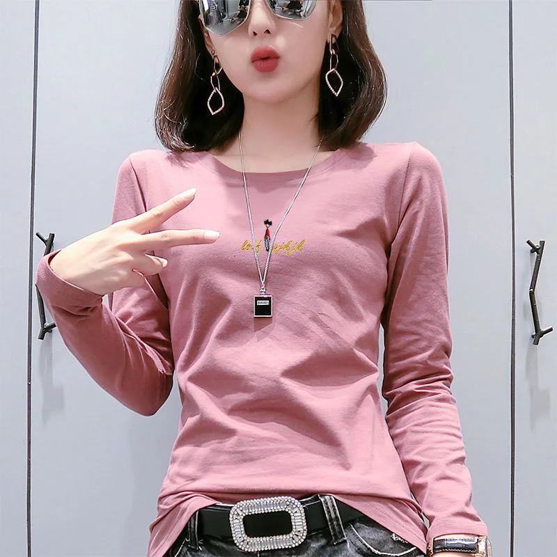 

Fashion O-Neck Solid Color Letter Embroidery T-Shirt Female Clothing 2023 Autumn New Loose Casual Pullovers Commute Tee Shirt