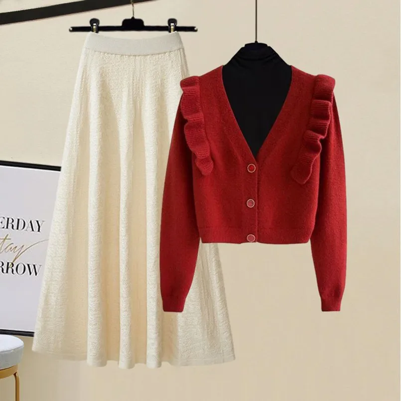Large Women's Autumn and Winter Set 2023 New Fashion Sweater Style Versatile High Waist Half Skirt Three Piece Set