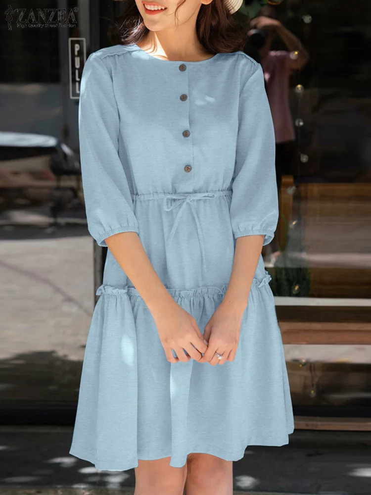 

ZANZEA Korean Fashion Knee Length Dress Buttons Female Vestidos Daily Ruffled Solid Casual Robe Pleat Elegant Drawstring Dresses