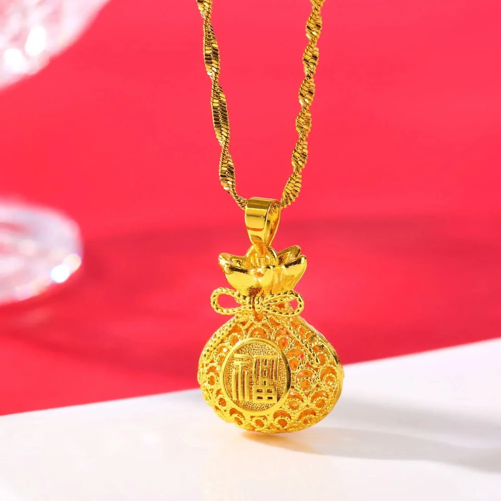 

Pure gold flower silk hollowed out lucky bag pendant necklace retro money bag necklace gourd accessory for women