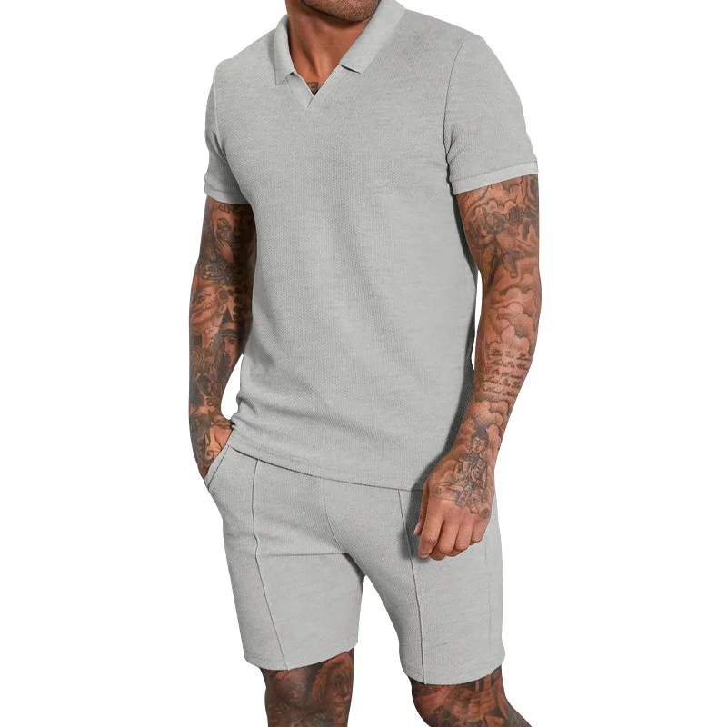 Waffle V-neck Short Sleeve Shorts Set Polo Fashion Slim Fit Set Men's Summer New Clothing Men's Set 2023 New Mens Clothes