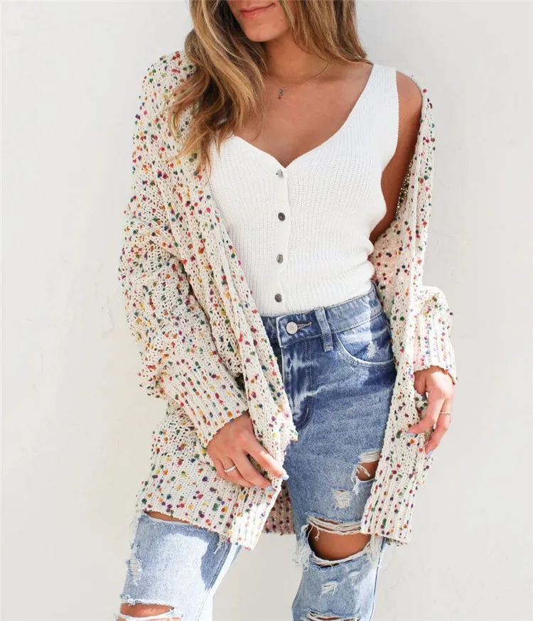 

Women Sweater Cardigan Confetti Spring Autumn Pockets Thick Loose Casual Knit Dotted Cardigans
