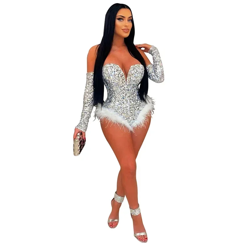Fashion Sequins Splicing Feather Jumpsuit Women Sexy Backless Long Sleeve Slim Fit Chic Bodysuit Female Party Club Gala Rompers 2