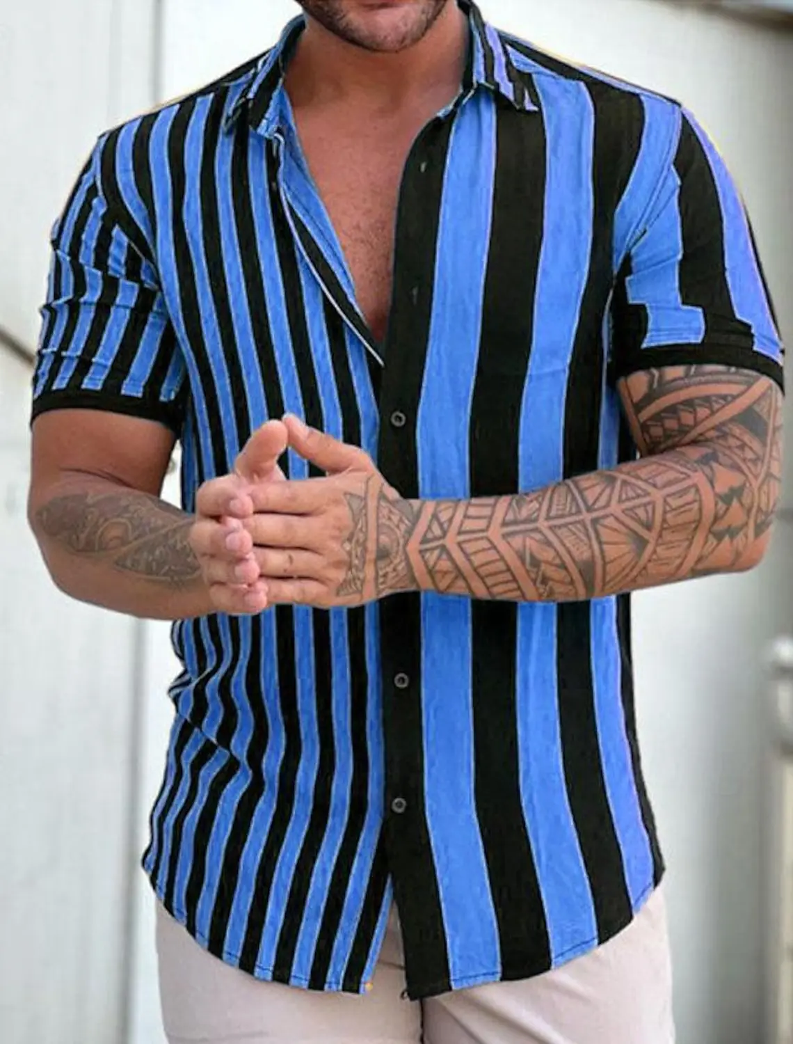 

Men's Shirt Button Up Shirt Casual Shirt Summer Beach Shirt Short Sleeve Striped Turndown 100 % polyster Clothing Comfortable