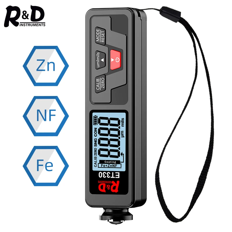 Paint Thickness Gauge R&D ET330+Zn Car Paint Thickness Gauge Electroplate Metal Coating Thickness Gauge for Car 0-1500um Fe & NFe Coating Tester Meter