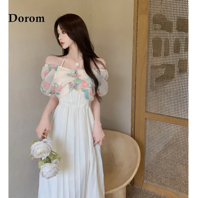

Summer Off Shoulder Floral Print Long Dress Women Elegant French Patchwork Pleated Dress Female Korean Beach Fairy Party Vestido