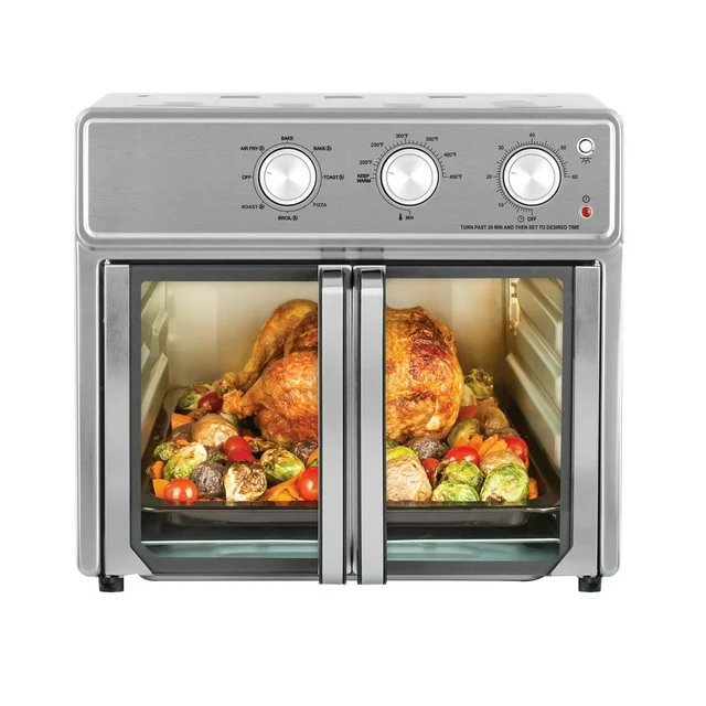 26 Quart Air Fryer Oven, Stainless Steel, A large chicken, 26