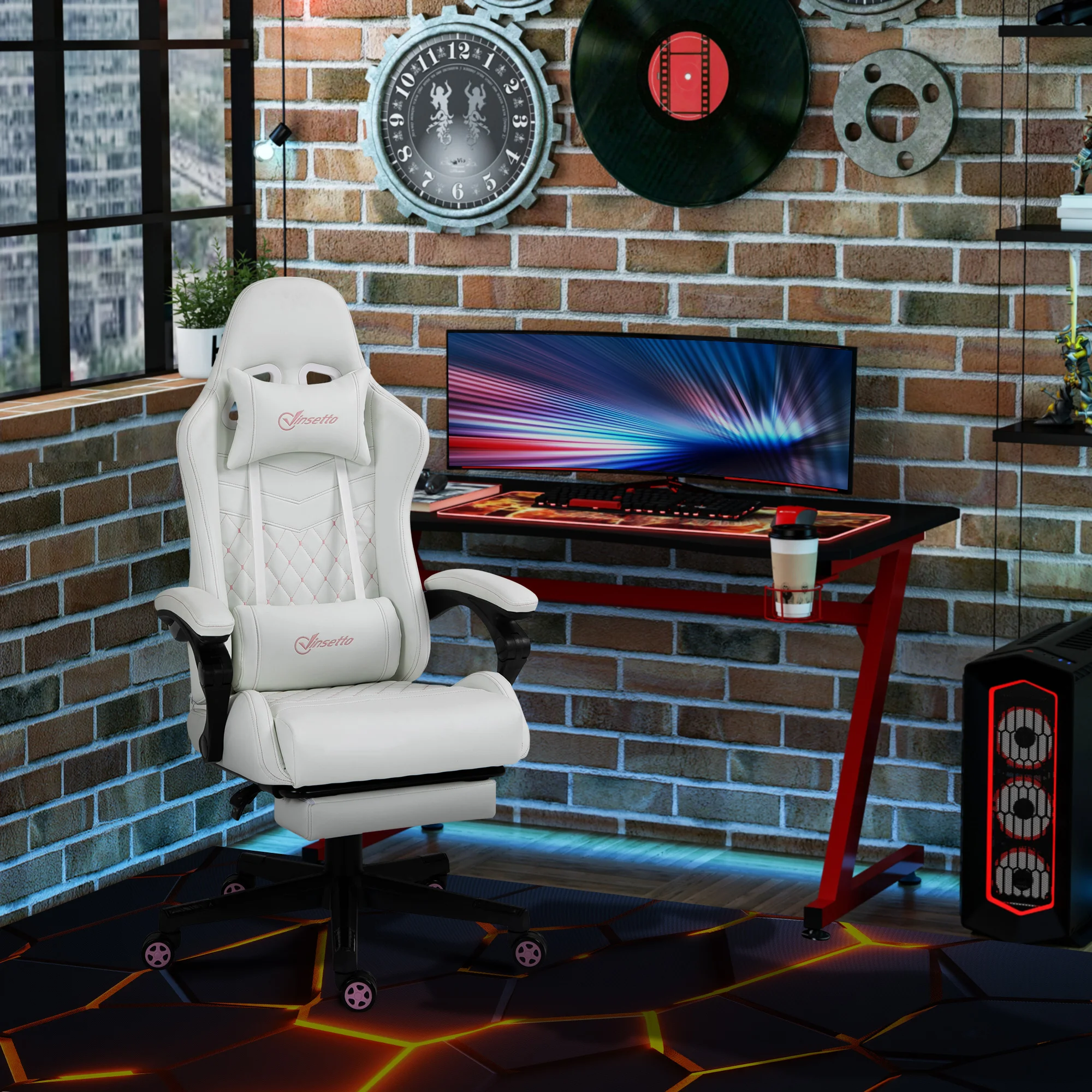 Racing Gaming Chair W/ Padded Arms, Pu Leather Gamer Recliner Home Office White 2