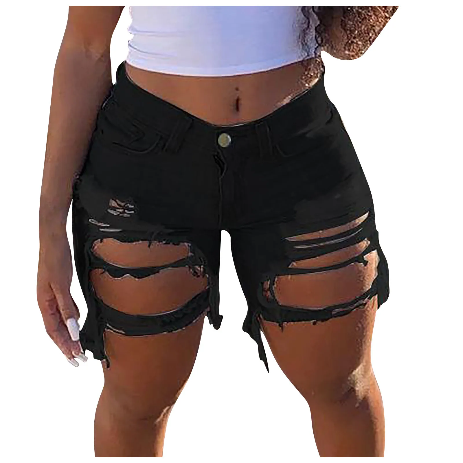 

Women Elastic Destroyed Hole Leggings Short Pants Denim Shorts Ripped Jeans Simple, Fashionable, And Generous New Women'S