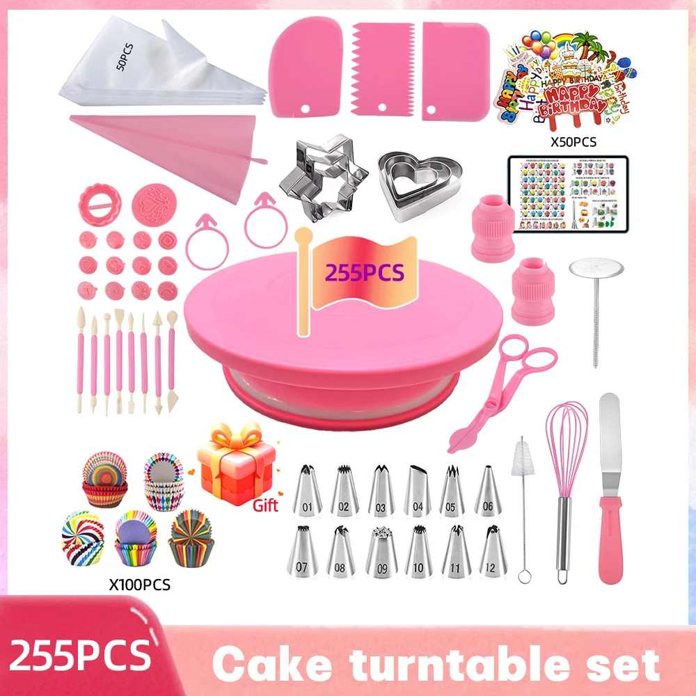 Cake Decorating Kit Cake Turntable Baking Supplies Cake Tools Anti-slip Cake Decorating Supplies Kit Tools Baking Accessories Cake Turntable Pastry Piping Bag Icing Scraper 205/255PCS