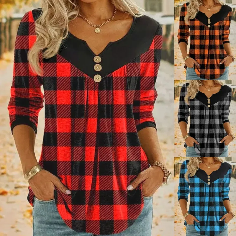 

2023 Autumn New Casual V-neck Long Sleeve Comfortable Loose Plaid Print Top Casual Comfortable England Style Women's T-shirt