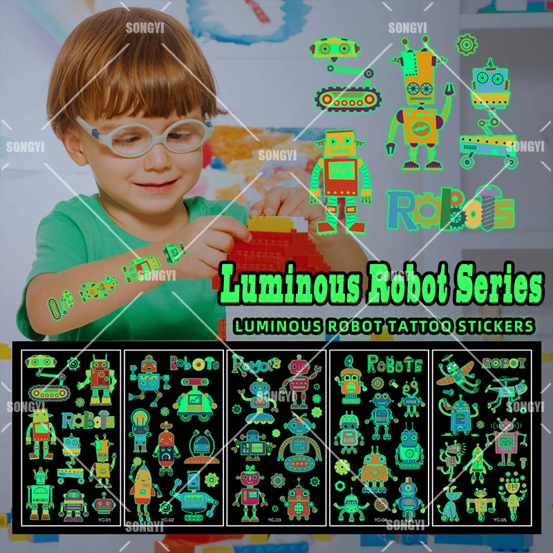 

5 Sheet Luminous Robot Tattoo Cartoons Party Decor Body Sticker Disposable Waterproof Tatouage Temporaire