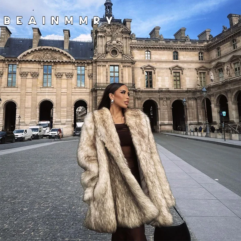2024 Luxurious Lapel Faux Fur Midi Coat Women Street Long Sleeve Oversize Cardigan Jacket Winter Thick Warm Female Outerwear 2