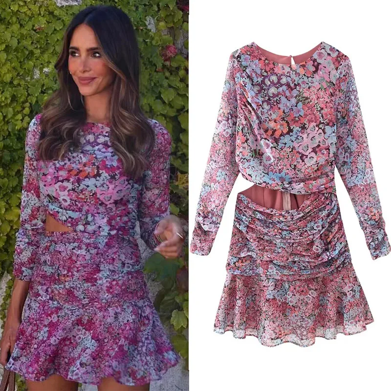

TRAF Printed Mini Dress For Woman Vintage Ruching Long Sleeves Dresses Female Retro Waist Cut Out Round Neck Vestidos 2023 New