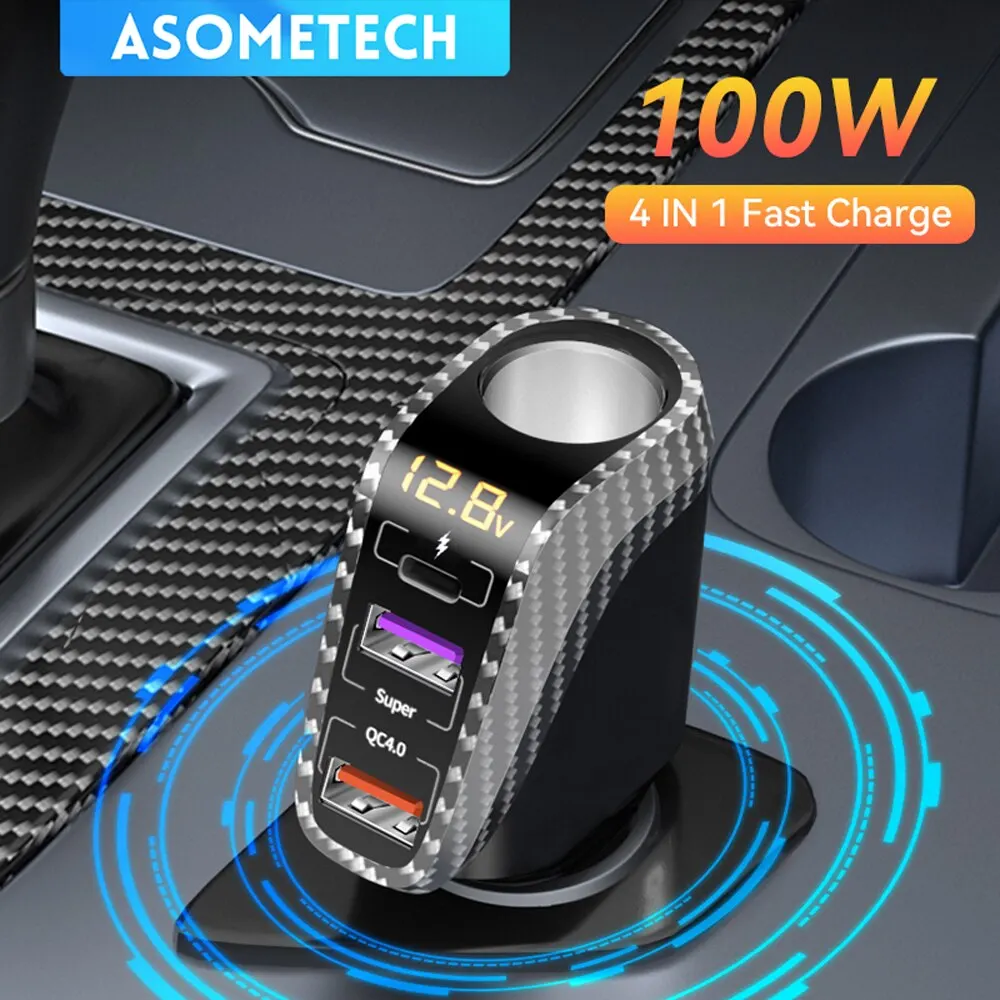 Car Charger Car Phone Charger ASOMETECH USB Car Charger 90W Cigarette Lighter Expansion Port PD SCP FCP Quick Charge For iPhone Samsung Huawei
