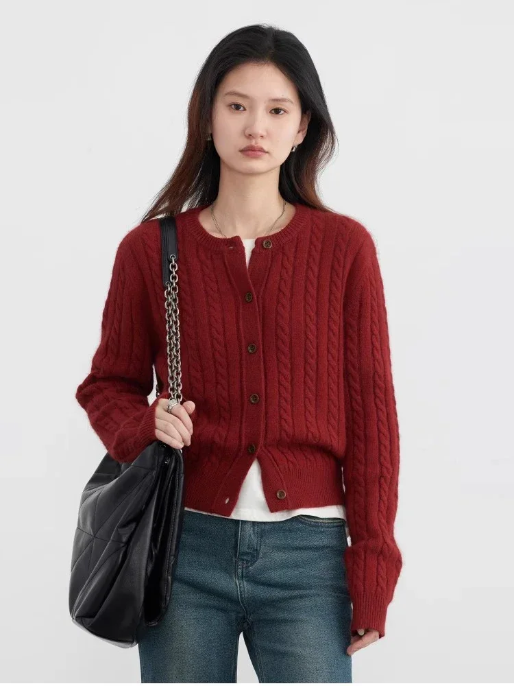 CHIC VEN Women Cardigan Casual Red  Round Neck Twisted Raccoon Hair Female Knitted Sweaters Ladies Jumpers Spring Autumn 2024 5