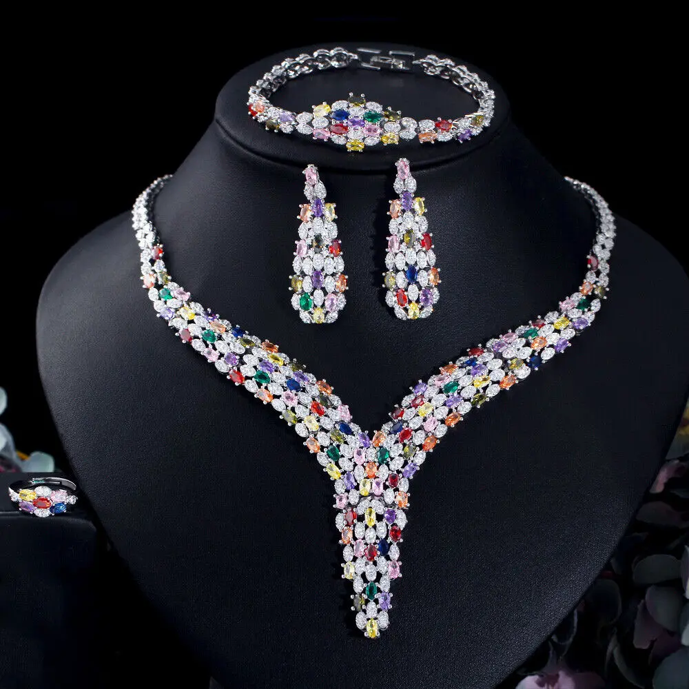 

4pcs CZ Multicolor Pageant Big Necklace Arabic Bridal Silver Plated Jewelry Set