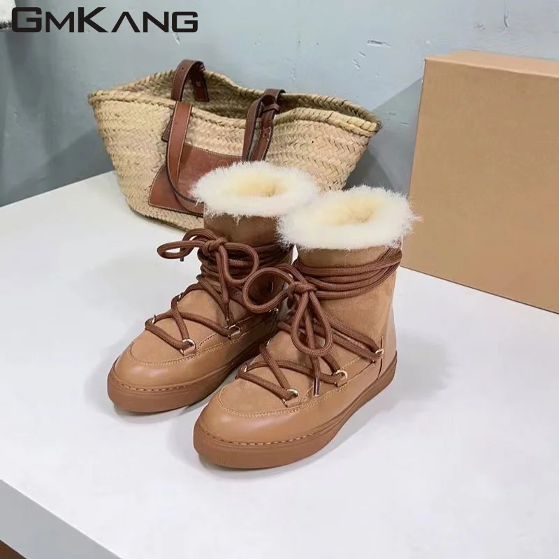 

Cow Suede Patchwork Short Boots Women Round Toe Inside Wool Warm Winter Shoes Women Leisure Cross-tied Flat Snow Boots Woman