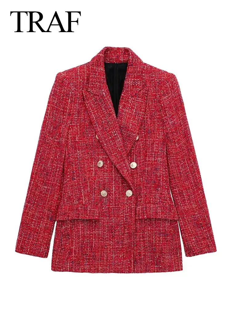 

TRAF 2023 Autumn Women Fashion Blazers New Lapel Sheath Suit Coat Woman With Pockets Wild Casual Outerwear Female Blazer